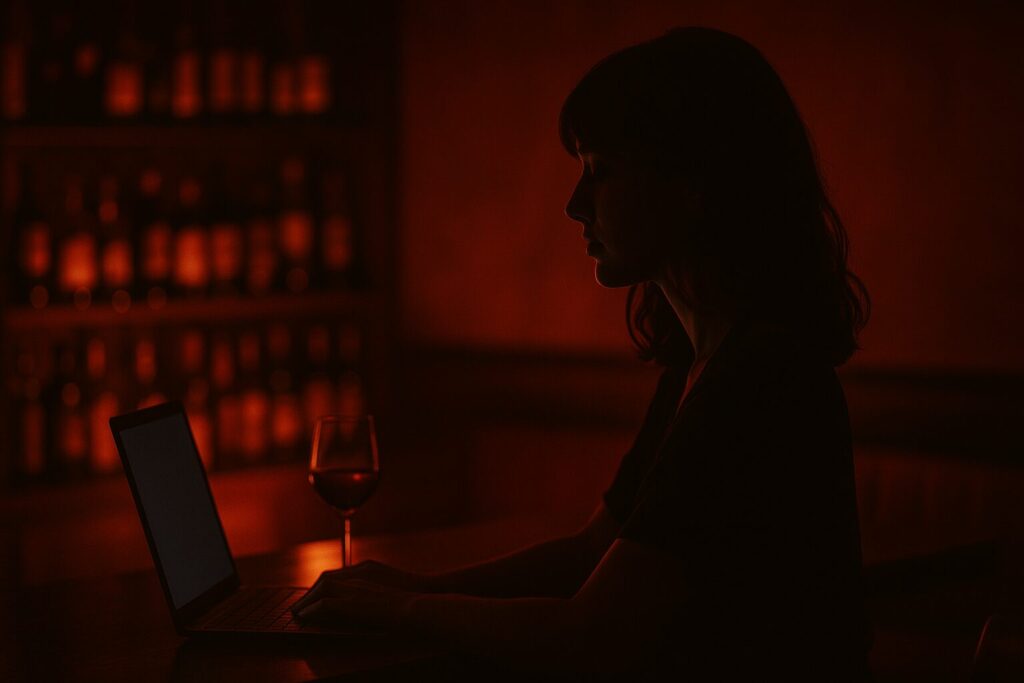 夜のバーでノートパソコンを操作する女性のシルエット