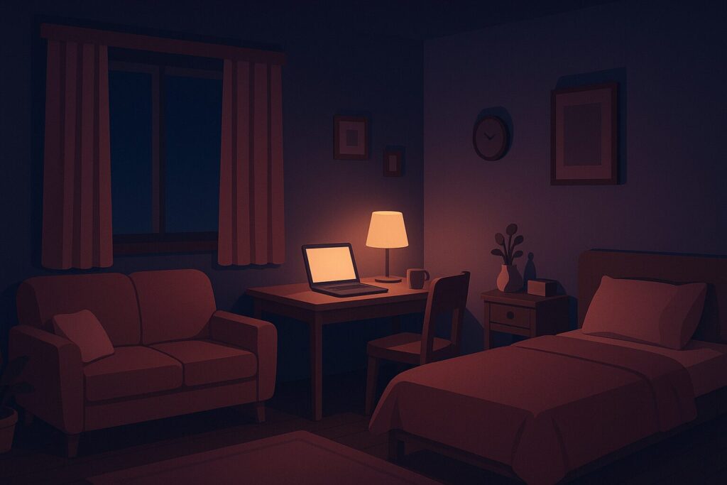 夜の部屋でノートパソコンの明かりが灯る静かな風景