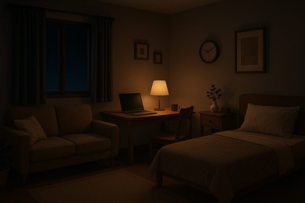 夜の部屋でノートパソコンの明かりが灯る静かな風景