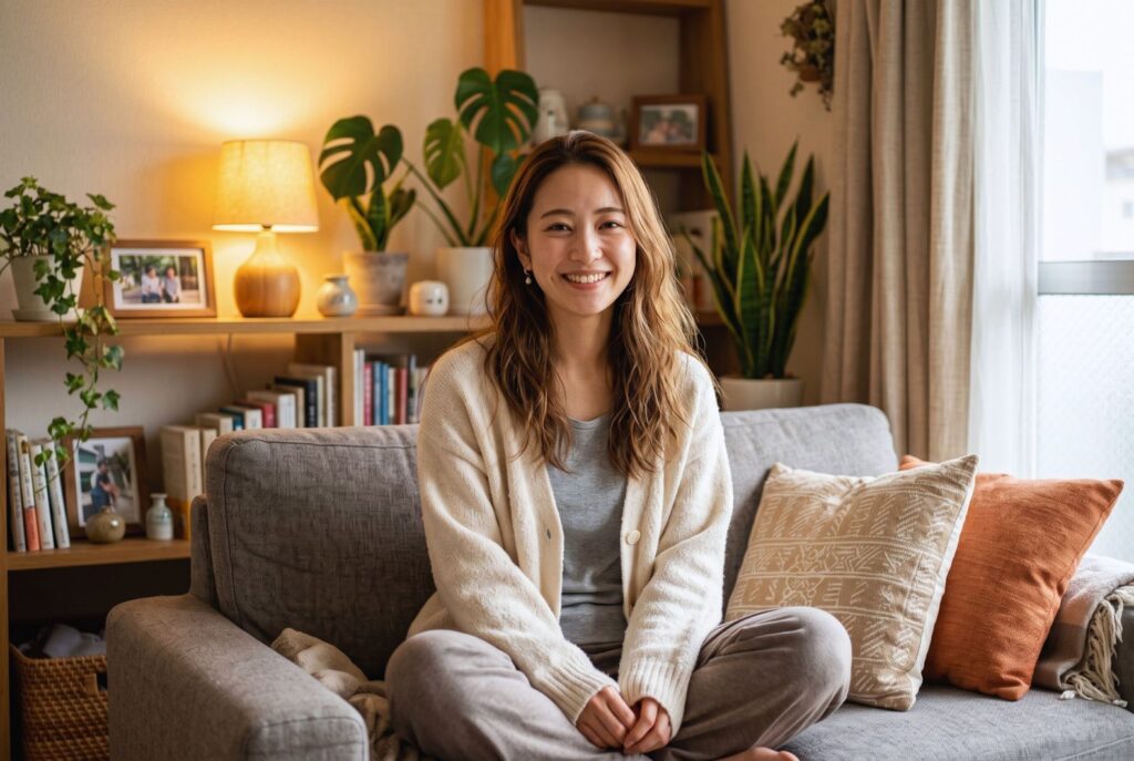 温かみのある自室で、カメラに向かって親しみやすい微笑みを向けるチャットレディ。