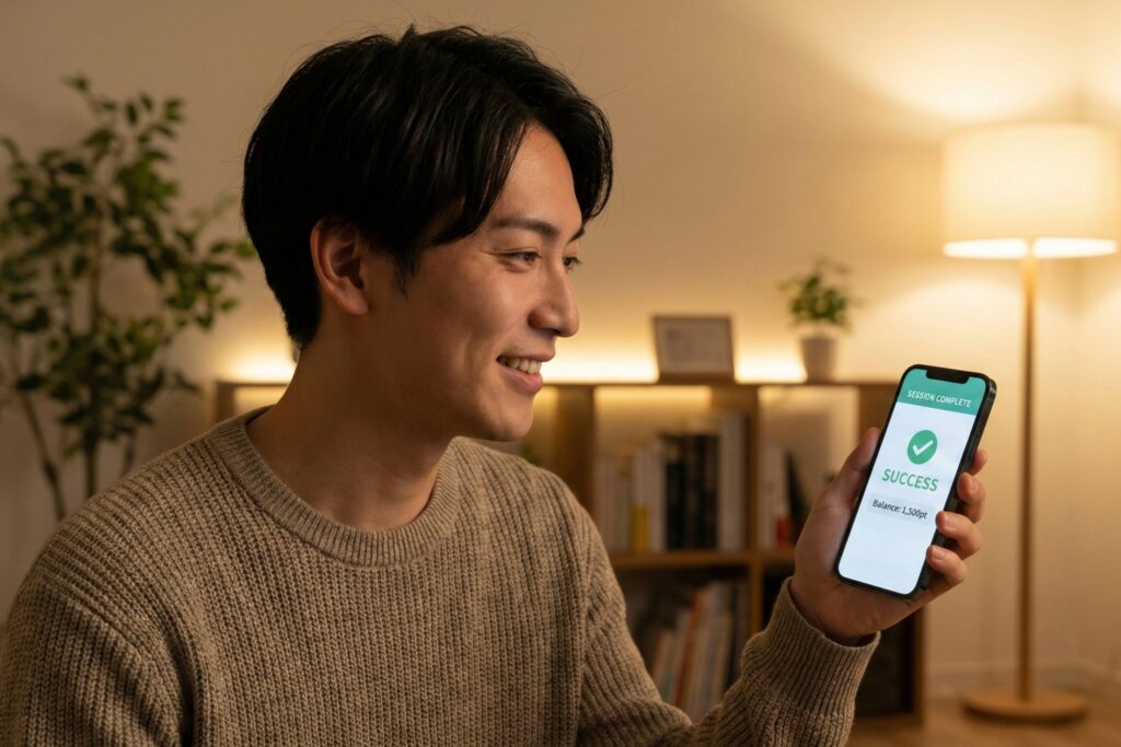 チャット終了後にスマホ画面で「SESSION COMPLETE」の文字とポイント残高を確認し、安全に利用できたことに満足して微笑む20代男性。