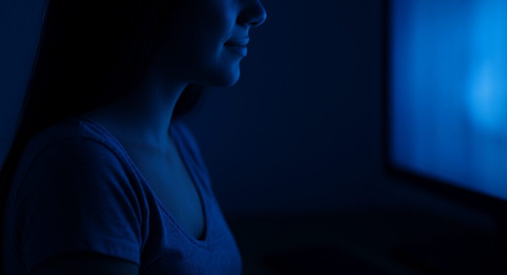 チャットをしている女性がパソコンを見つめて微笑んでいる