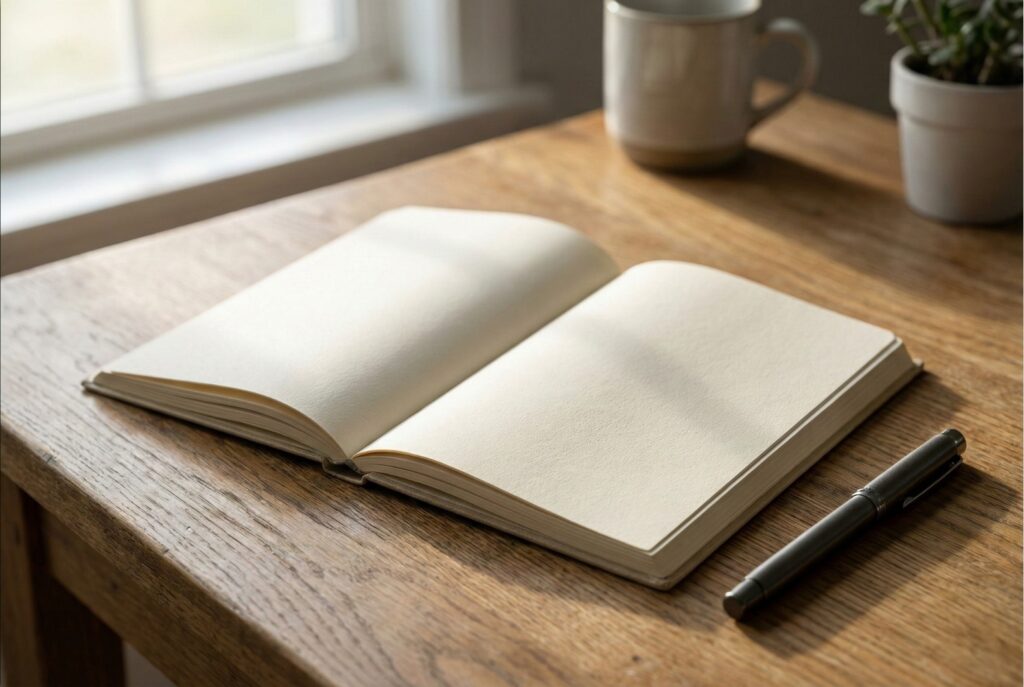 彼女への感謝や自分の心を書き留めるための、静かな机の上のノートとペン