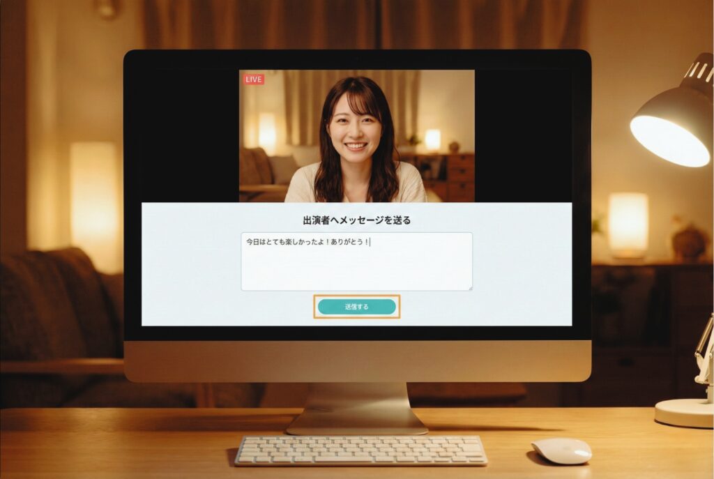 ライブチャットのサイト内DM画面。リラックスした笑顔の日本人チャットレディと、安全なメッセージのやり取りが行われている様子。