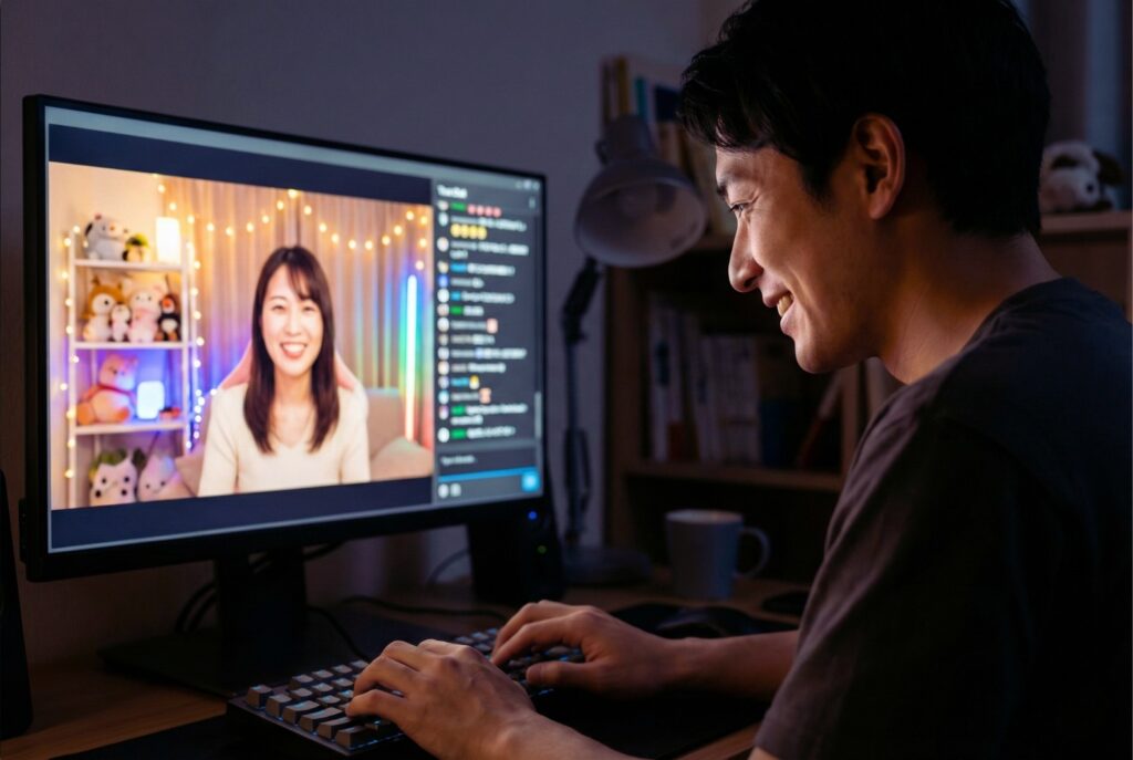限られた10分間で濃密なライブチャットを楽しむ、PC前の男性の様子