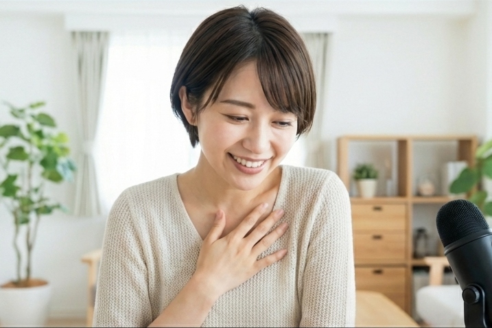 3段階の深掘り質問が図星で、「えっ、私のこと見てくれてる！」とハッとして心を許した瞬間の、20代日本人女性チャットレディの驚きと喜びが入り混じった表情。