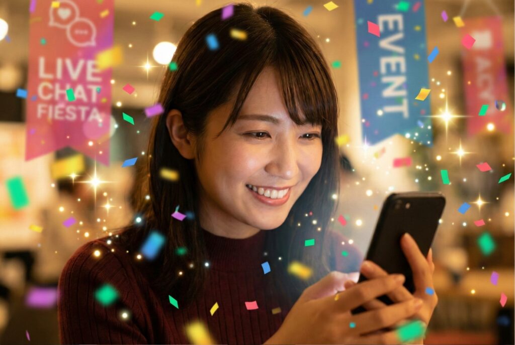 ライブチャットのイベント中、スマホの画面を見て楽しそうに微笑む日本人女性のイメージ