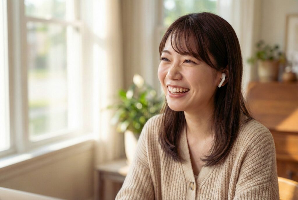 窓際で柔らかな午後の光を浴びながら、ワイヤレスイヤホンで楽しそうに会話をする日本人女性の表情アップ。落ち着いた話し方と癒やしの時間を表現した実写風イメージ