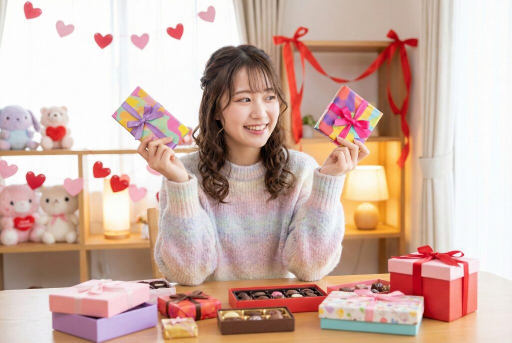 バレンタインのチョコを手に取り、楽しそうに微笑む20代前半の日本人女性