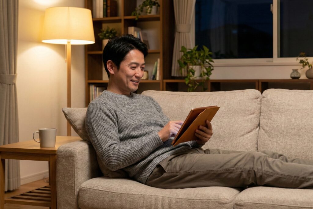 夜のリビングのソファで、ゆったりとした部屋着姿でタブレットを見つめ、穏やかな表情で一日の疲れを癒やす30代〜40代の日本人男性
