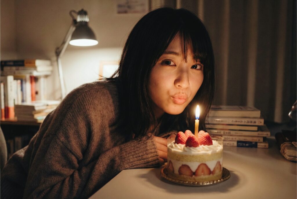 薄暗い部屋で、小さなケーキのロウソクを吹き消そうと顔を寄せ、静かに微笑むチャットレディ。派手さのない、二人だけの親密な時間を共有する瞬間。