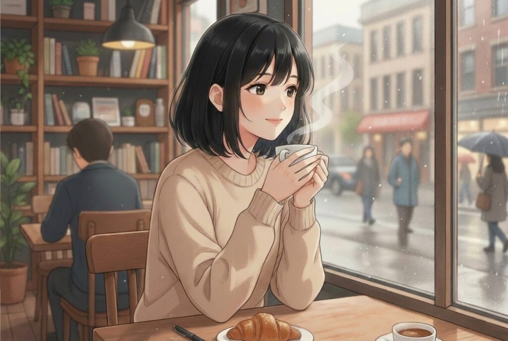 カフェでカップを両手で持ちながら、窓の外を眺めている女性（リナ）のイラスト