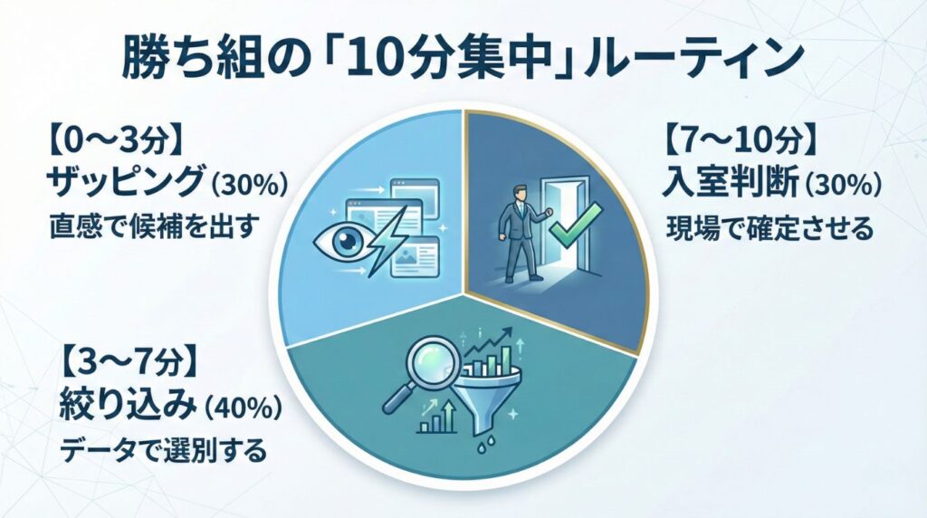 「勝ち組の10分集中ルーティン」の時間配分（ザッピング3分、絞り込み4分、入室判断3分）を示す円グラフ。