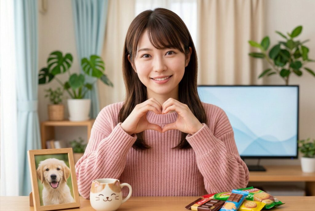 画面越しに小さなハートを作る、ピンクのセーター姿の日本人チャットレディ。穏やかに微笑んでいる。