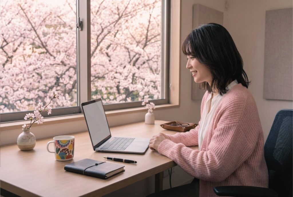 桜を背景に笑顔で配信するチャットレディ