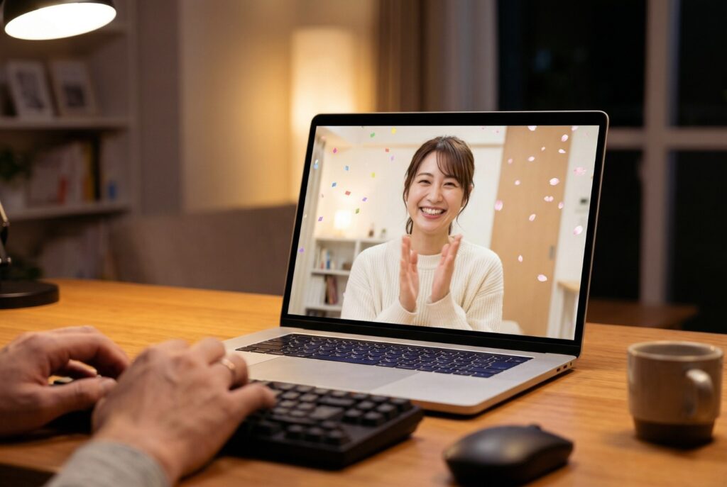PC画面越しに拍手をして、ユーザーの決断を祝福するチャットレディの満面の笑顔
