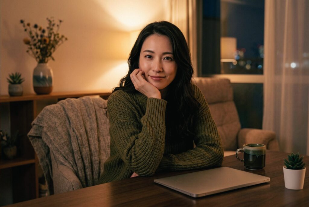 寝室で微笑むオリーブ色のニット姿の日本人女性。落ち着いた北欧風インテリア。