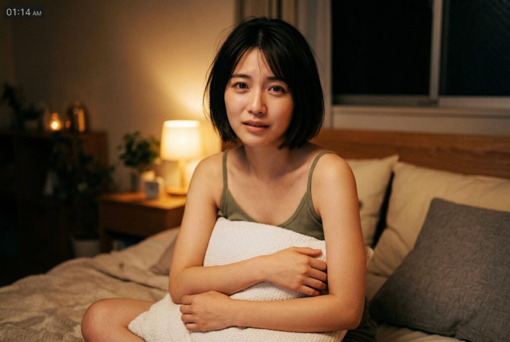 ベッドでクッションを抱え、時間を気にして少し困った表情のショートボブのチャットレディ。