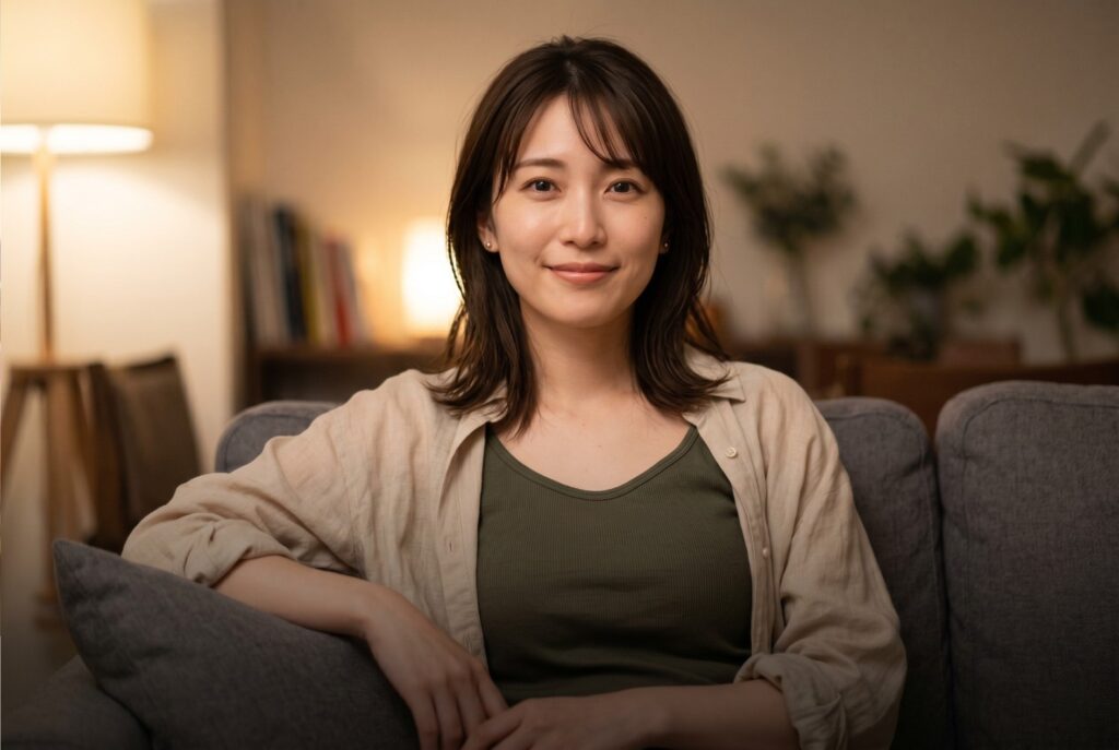 夜の落ち着いた部屋で、シアーシャツを羽織りリラックスして微笑む落ち着いた雰囲気の日本人女性