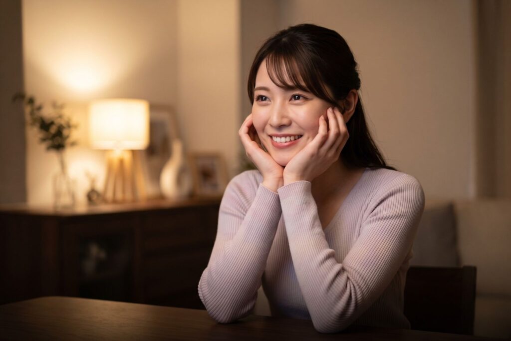夜の温かみのある綺麗な部屋で、一人で楽しそうに身を乗り出して笑顔を浮かべている、品のある可愛い20代半ばの日本人チャットレディ。