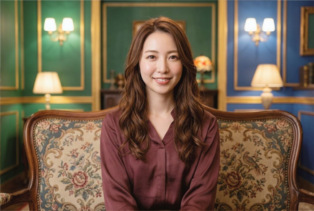 エレガントな部屋でカメラを見つめて和やかに微笑む日本人チャットレディ。