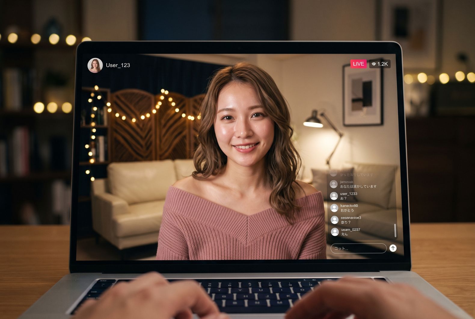 ノートパソコンの画面越しに、初めて視聴する男性ユーザーへ笑顔で語りかける女性。