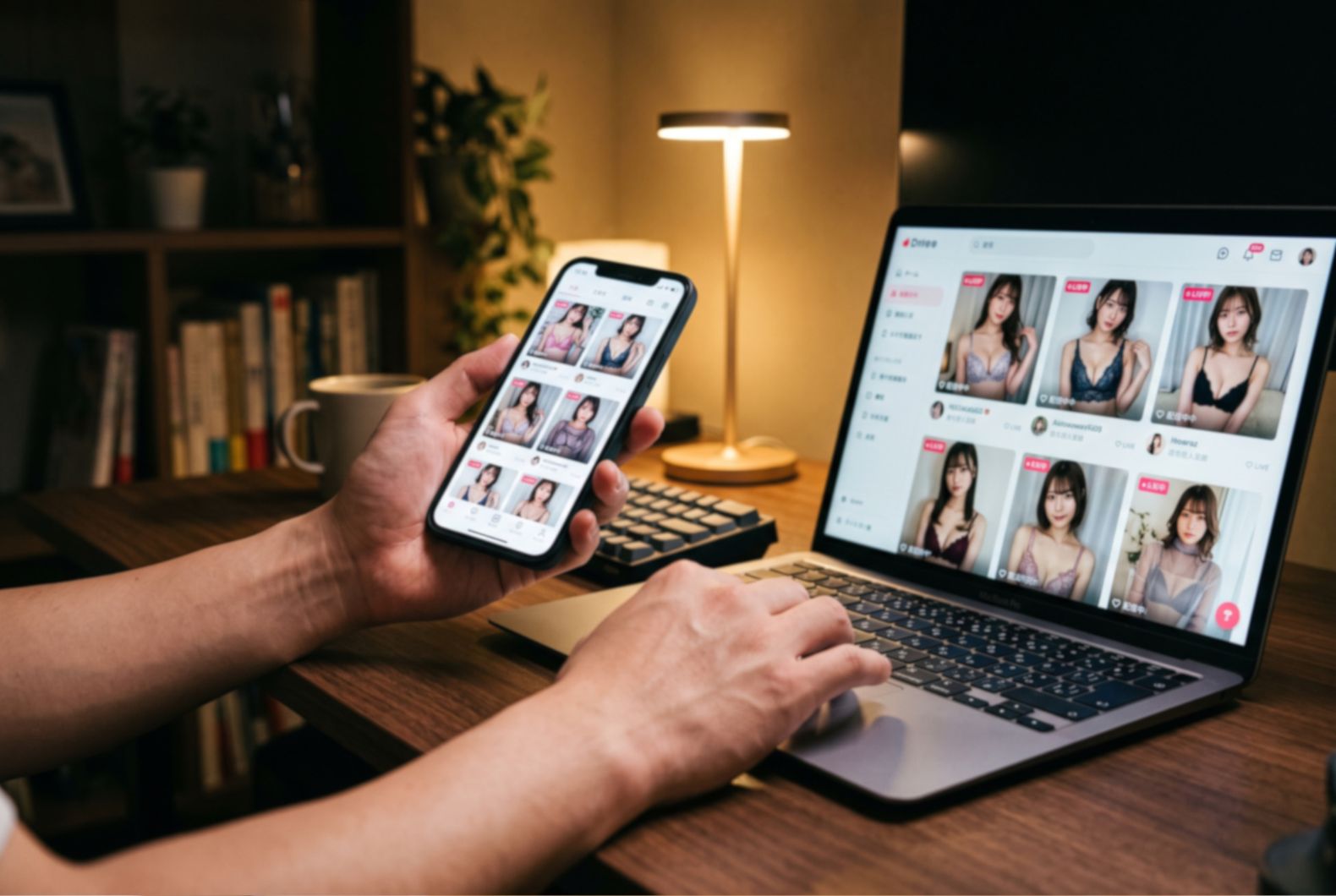 スマートフォンとノートパソコンの画面越しに、複数のライブチャットサイトを比較している男性ユーザー。